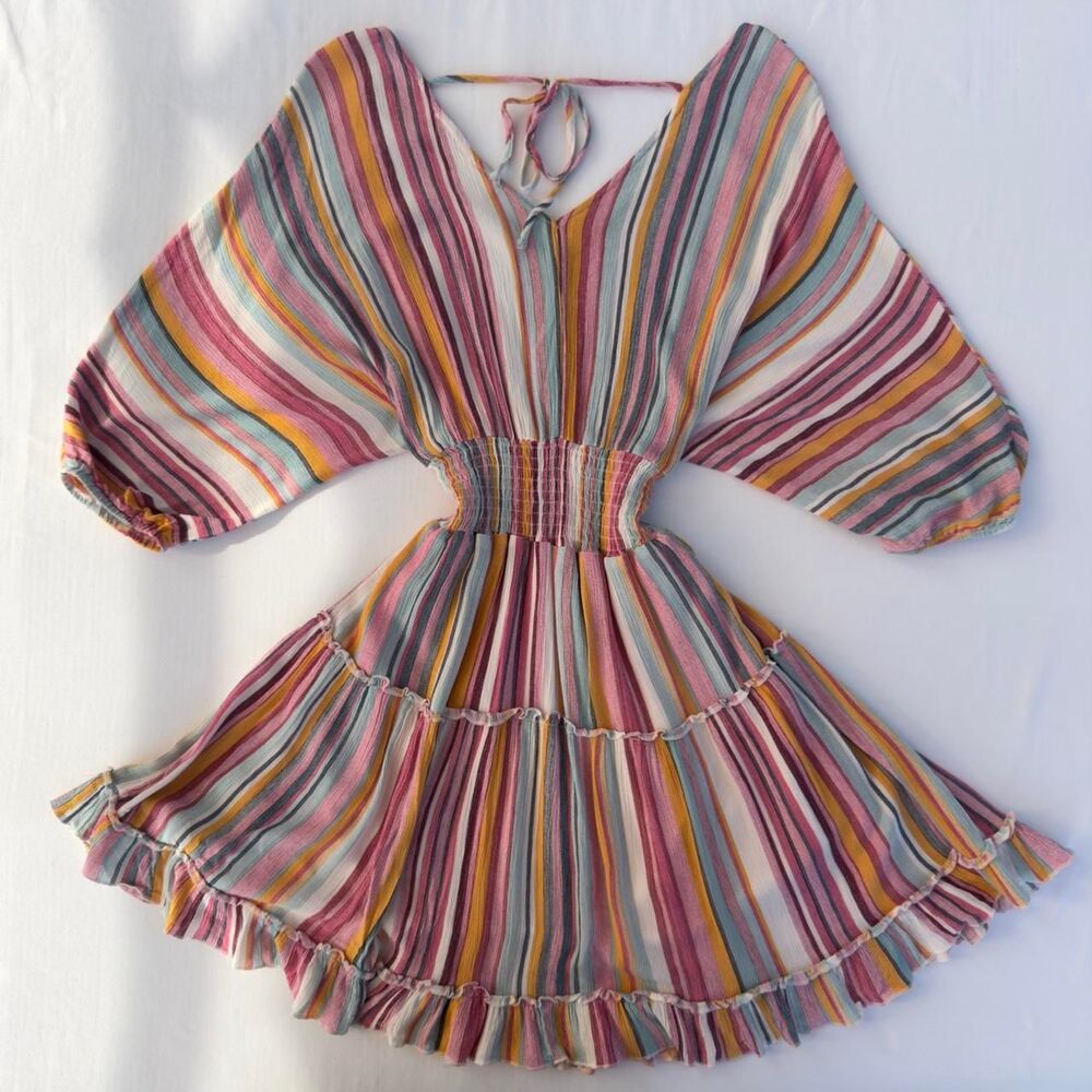 La Miel “Hyped Unicorn” Multicolor Striped Ruffle Tiered Dress Size M